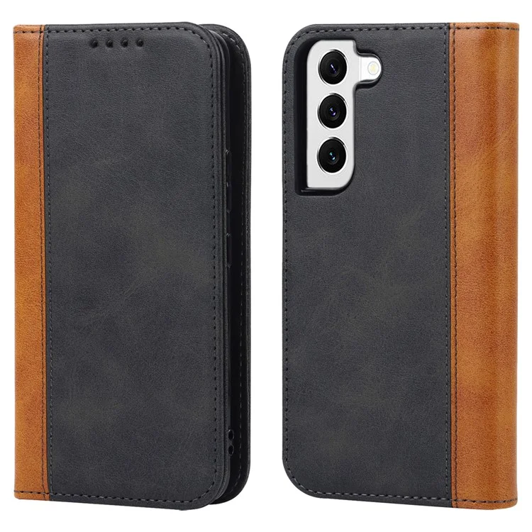 Para Samsung Galaxy S22 5G PU Leather Phone Case Bi-color Splicing Wallet Phone Stand Cover - Negro / Amarillo