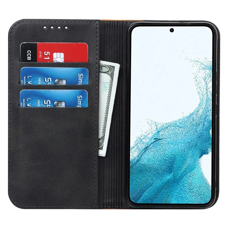 Para Samsung Galaxy S22 5G PU Leather Phone Case Bi-color Splicing Wallet Phone Stand Cover - Negro / Amarillo