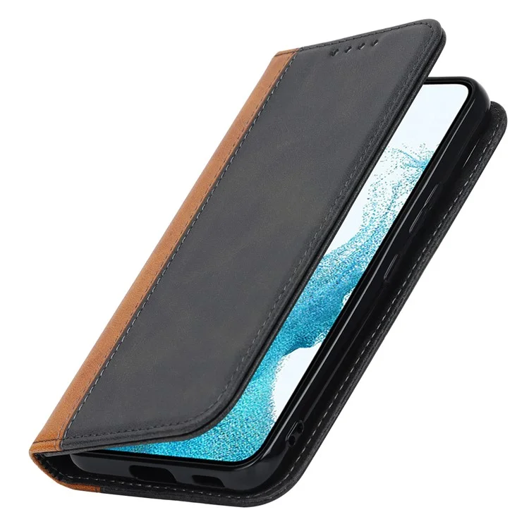 Para Samsung Galaxy S22 5G PU Leather Phone Case Bi-color Splicing Wallet Phone Stand Cover - Negro / Amarillo