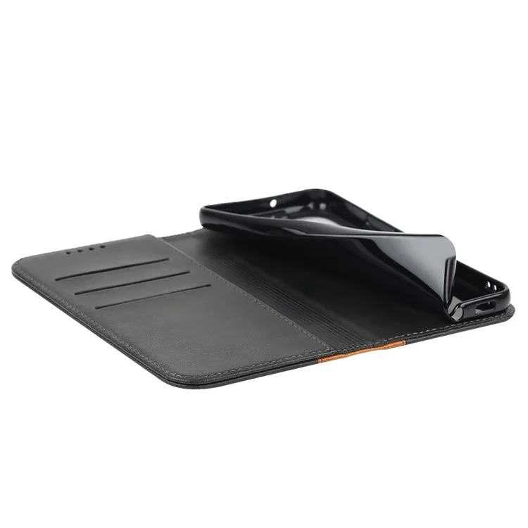 Para Samsung Galaxy S22 5G PU Leather Phone Case Bi-color Splicing Wallet Phone Stand Cover - Negro / Amarillo