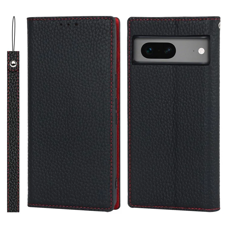 Genuine Leather Phone Case for Google Pixel 7a , Litchi Texture Wallet Stand Smartphone Cover with Strap - Black