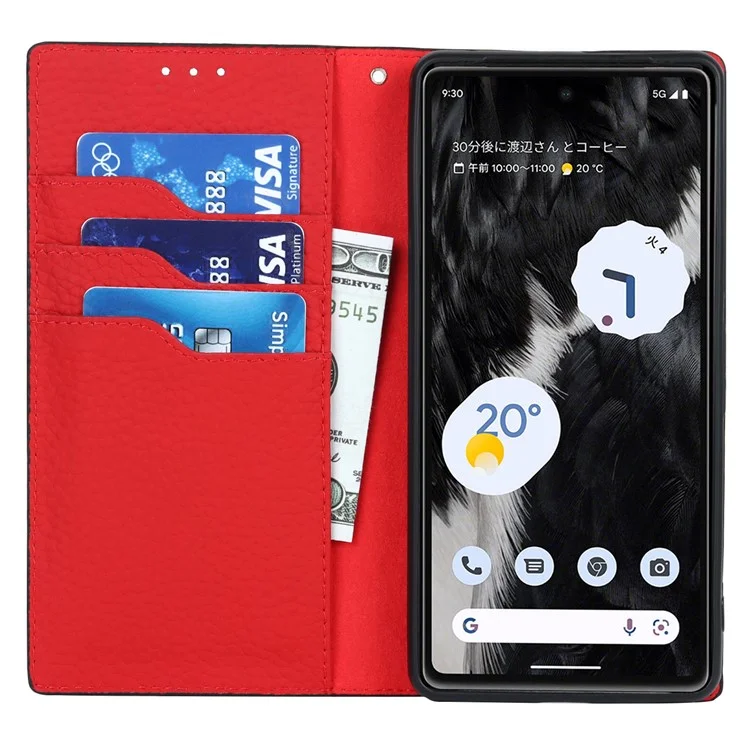Genuine Leather Phone Case for Google Pixel 7a , Litchi Texture Wallet Stand Smartphone Cover with Strap - Black