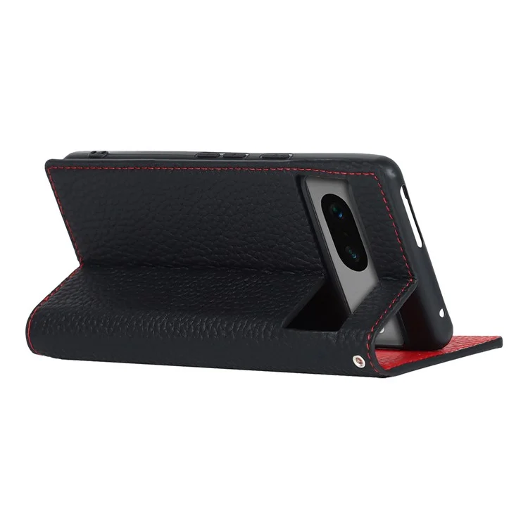 Genuine Leather Phone Case for Google Pixel 7a , Litchi Texture Wallet Stand Smartphone Cover with Strap - Black