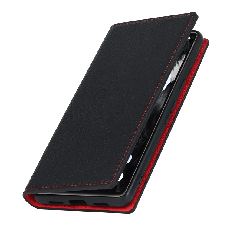 Genuine Leather Phone Case for Google Pixel 7a , Litchi Texture Wallet Stand Smartphone Cover with Strap - Black
