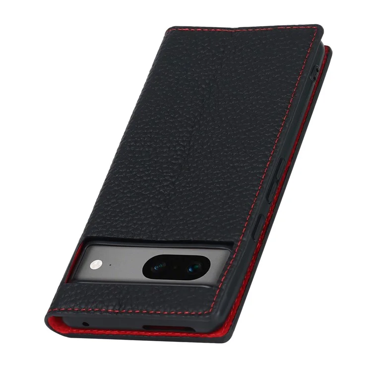 Genuine Leather Phone Case for Google Pixel 7a , Litchi Texture Wallet Stand Smartphone Cover with Strap - Black
