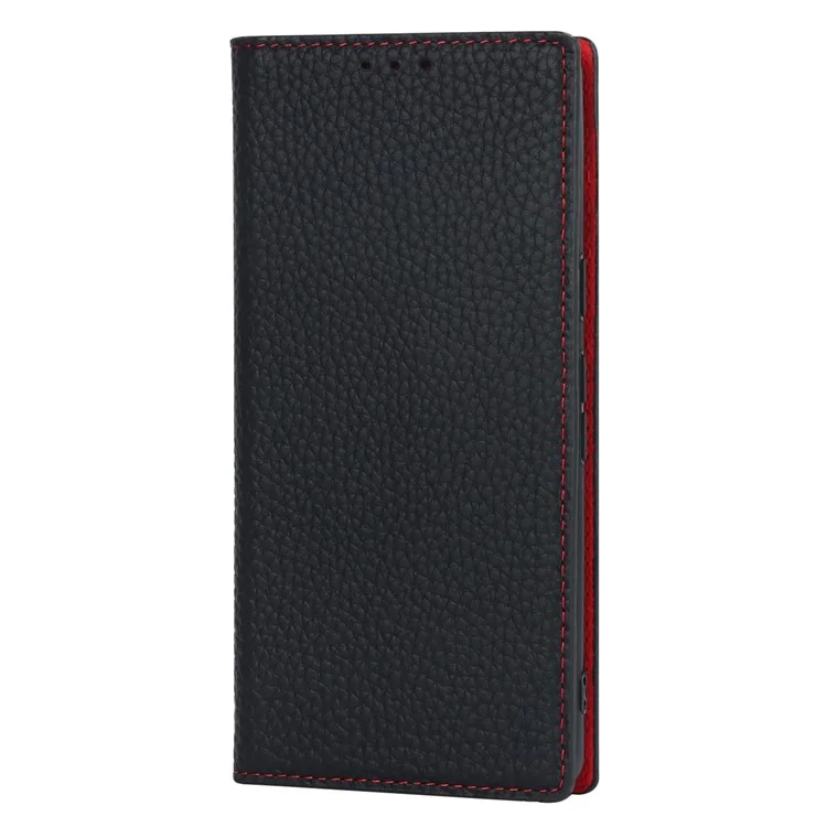Genuine Leather Phone Case for Google Pixel 7a , Litchi Texture Wallet Stand Smartphone Cover with Strap - Black