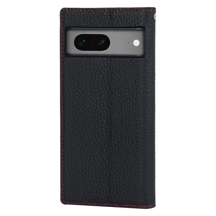 Genuine Leather Phone Case for Google Pixel 7a , Litchi Texture Wallet Stand Smartphone Cover with Strap - Black