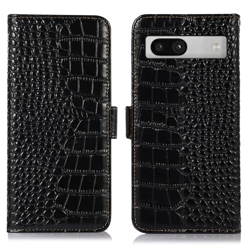 RFID Blocking Phone Stand Case for Google Pixel 7a , Genuine Cowhide Leather Smartphone Wallet Cover - Black