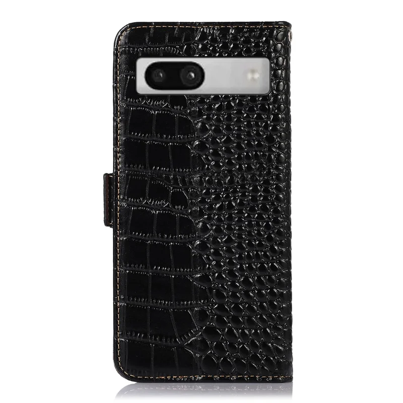 RFID Blocking Phone Stand Case for Google Pixel 7a , Genuine Cowhide Leather Smartphone Wallet Cover - Black