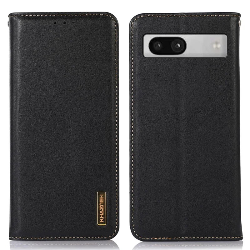 KHAZNEH for Google Pixel 7a Genuine Cowhide Leather Phone Cover Stand Wallet Phone Case with RFID Blocking - Black