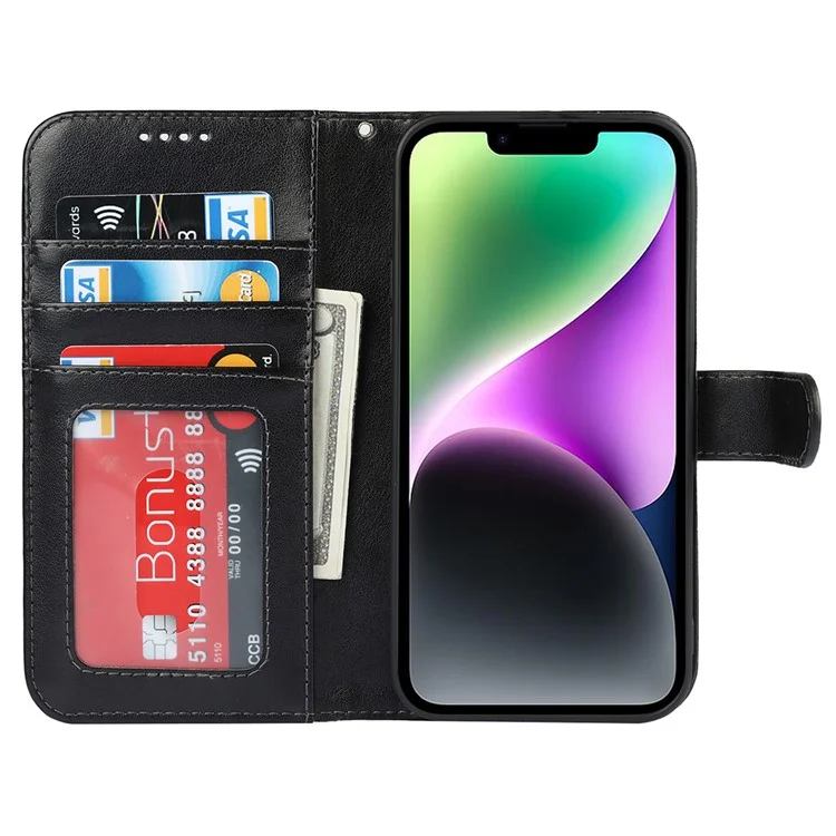 Per iPhone 14 Wallet Phone Case R61 Texture Felled Seam PU Leather Phone Stand Cover - Nero