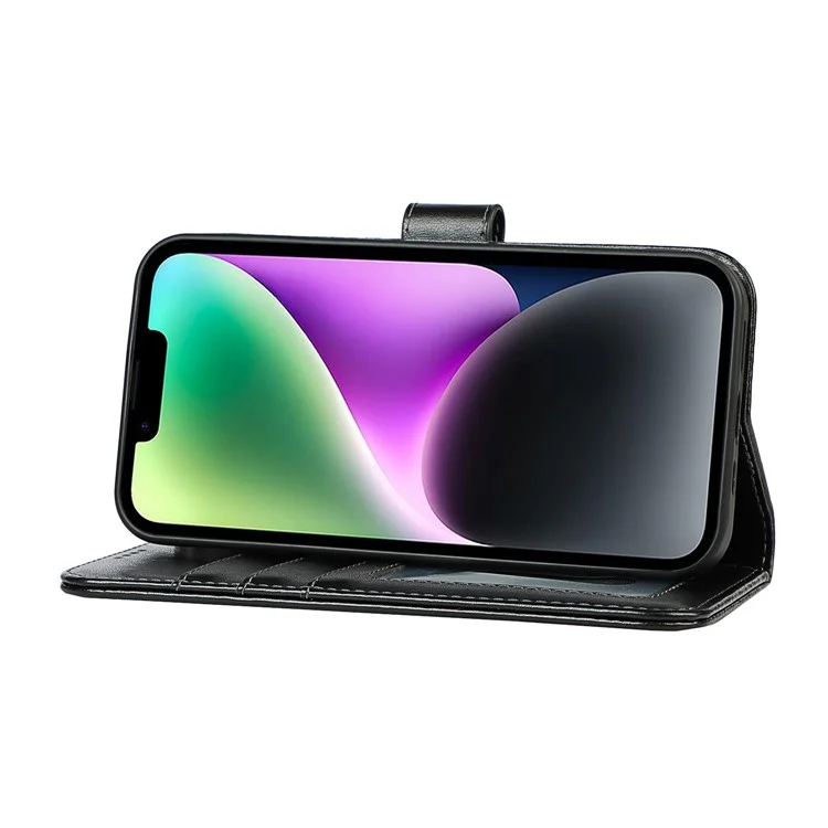 Per iPhone 14 Wallet Phone Case R61 Texture Felled Seam PU Leather Phone Stand Cover - Nero
