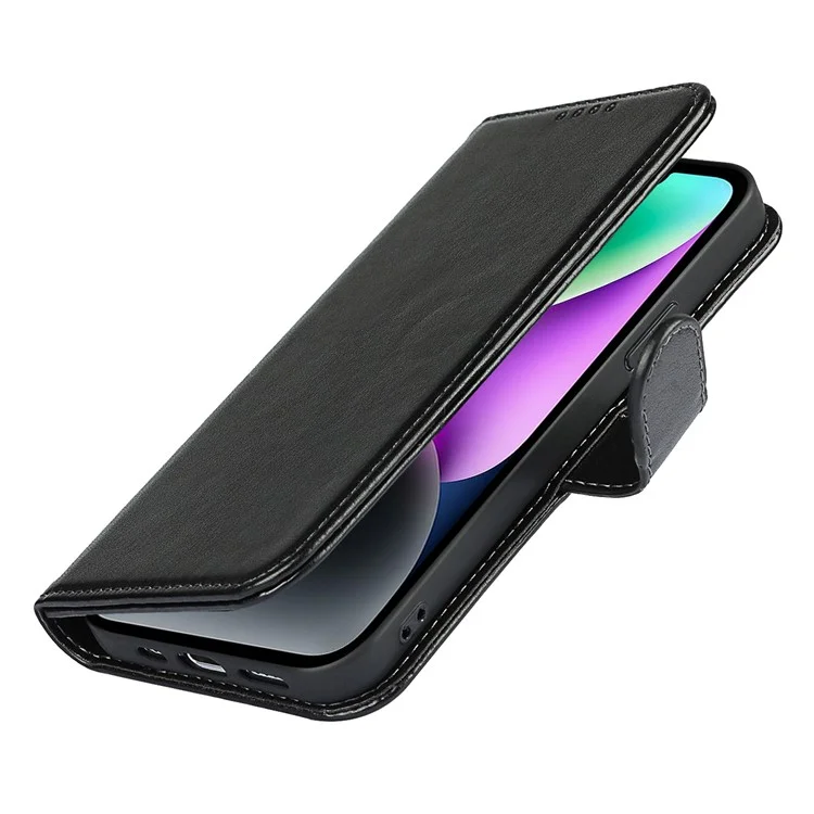 Per iPhone 14 Wallet Phone Case R61 Texture Felled Seam PU Leather Phone Stand Cover - Nero