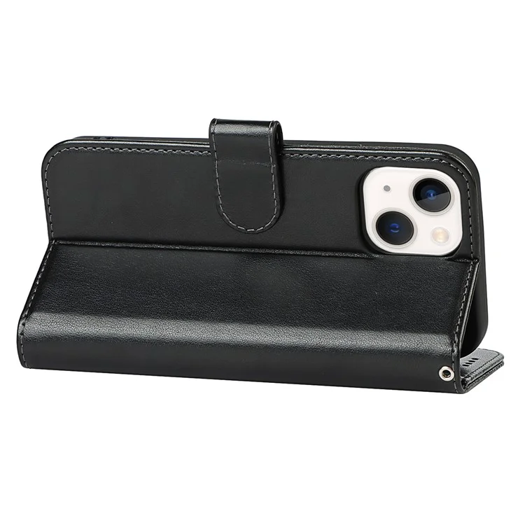 For iPhone 14 Plus PU Leather Phone Wallet Stand Case R61 Texture Felled Seam Phone Cover - Black