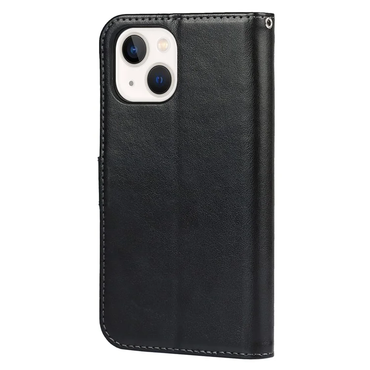 For iPhone 14 Plus PU Leather Phone Wallet Stand Case R61 Texture Felled Seam Phone Cover - Black