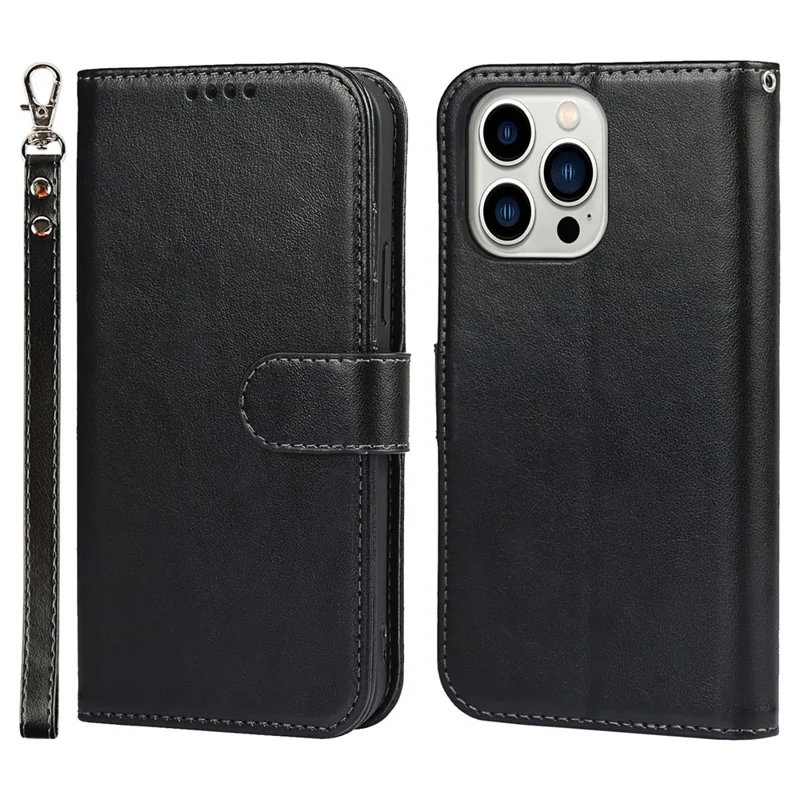 For iPhone 14 Pro Max Leather Phone Cover R61 Texture Felled Seam Phone Case with Wallet Stand - Black