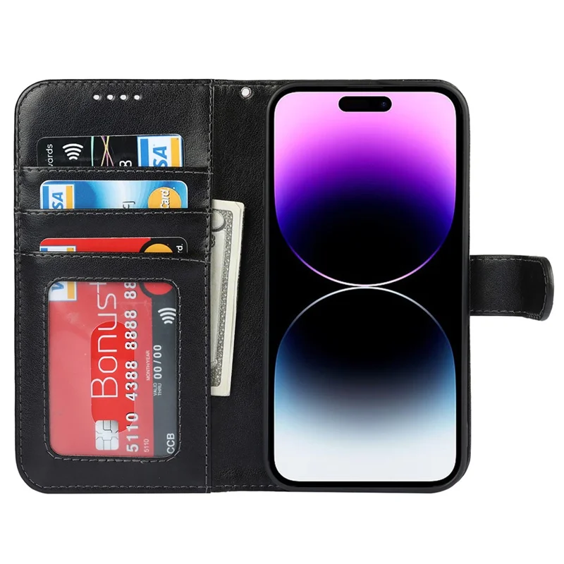 For iPhone 14 Pro Max Leather Phone Cover R61 Texture Felled Seam Phone Case with Wallet Stand - Black