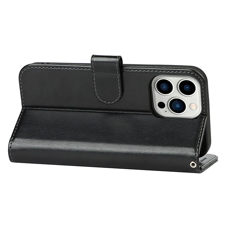 For iPhone 14 Pro Max Leather Phone Cover R61 Texture Felled Seam Phone Case with Wallet Stand - Black