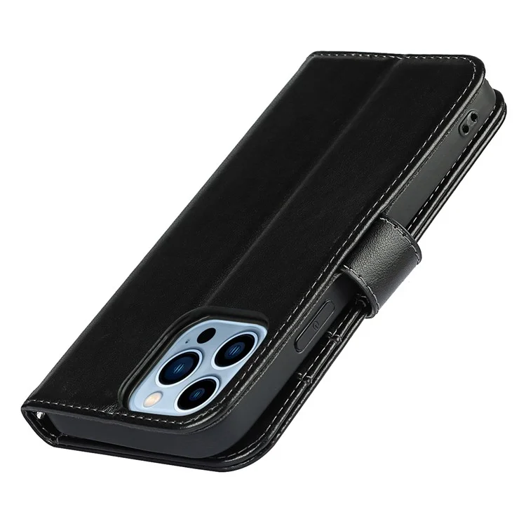 For iPhone 14 Pro Max Leather Phone Cover R61 Texture Felled Seam Phone Case with Wallet Stand - Black