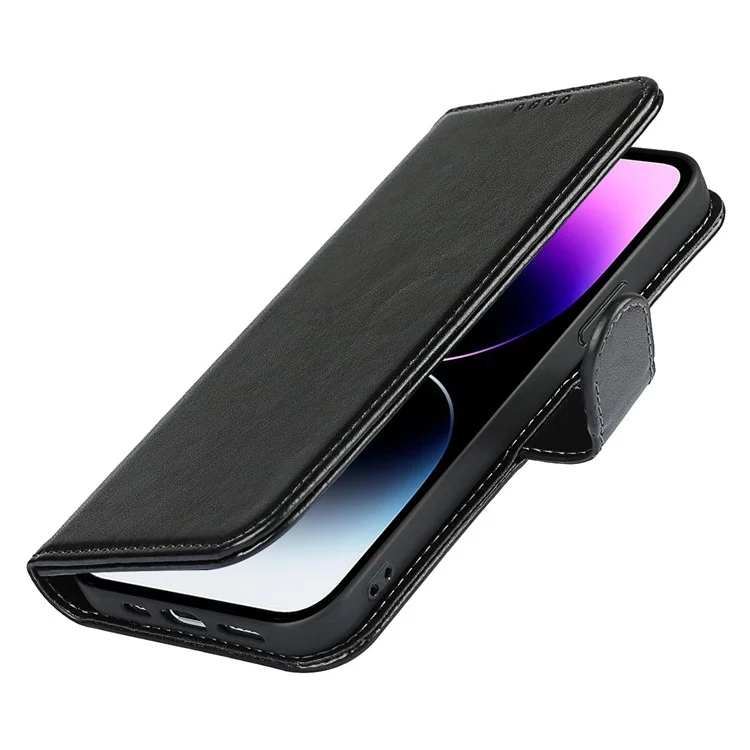 For iPhone 14 Pro Max Leather Phone Cover R61 Texture Felled Seam Phone Case with Wallet Stand - Black