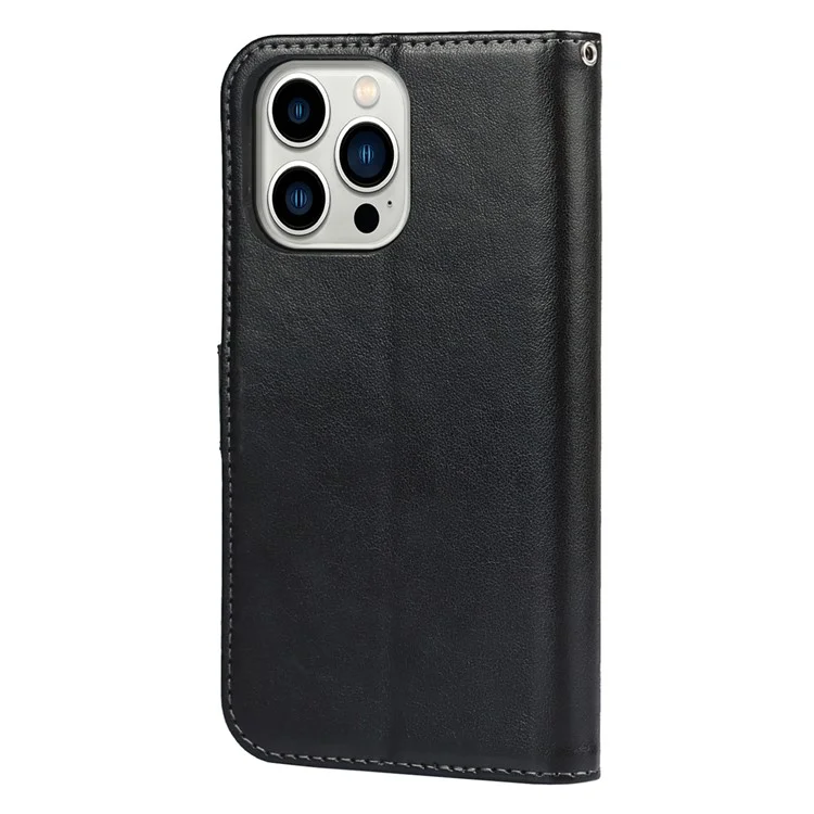 For iPhone 14 Pro Max Leather Phone Cover R61 Texture Felled Seam Phone Case with Wallet Stand - Black