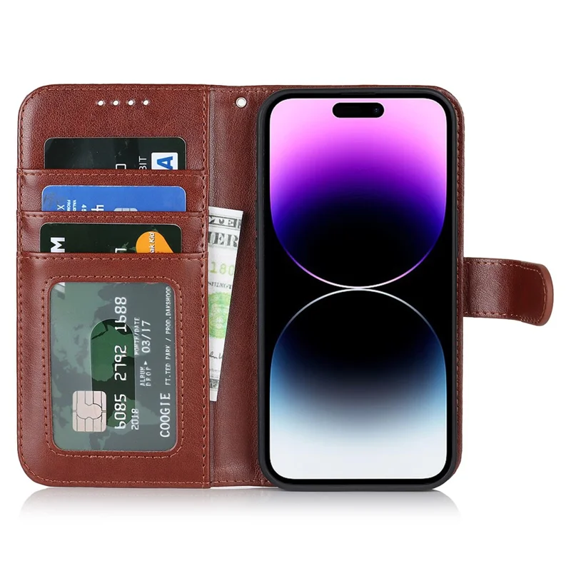 For iPhone 14 Pro Max Leather Phone Cover R61 Texture Felled Seam Phone Case with Wallet Stand - Brown