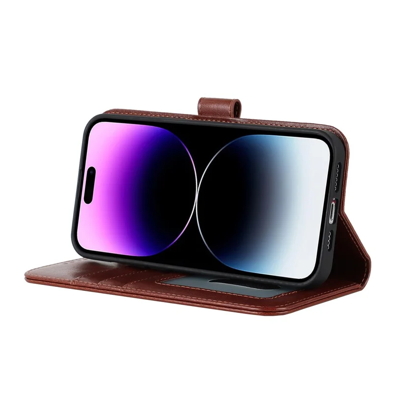 For iPhone 14 Pro Max Leather Phone Cover R61 Texture Felled Seam Phone Case with Wallet Stand - Brown