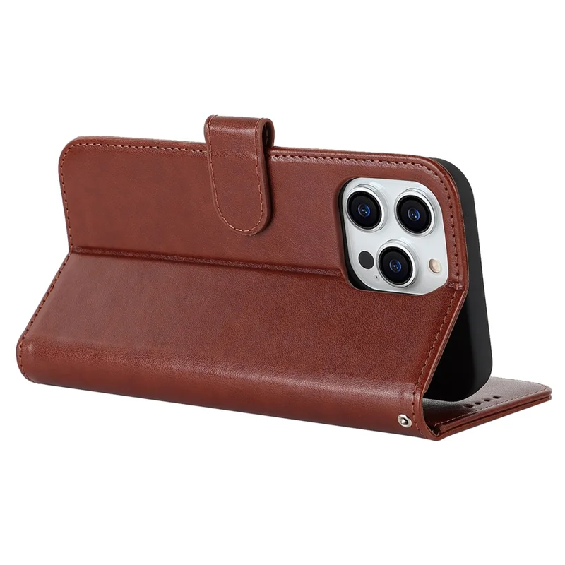 For iPhone 14 Pro Max Leather Phone Cover R61 Texture Felled Seam Phone Case with Wallet Stand - Brown
