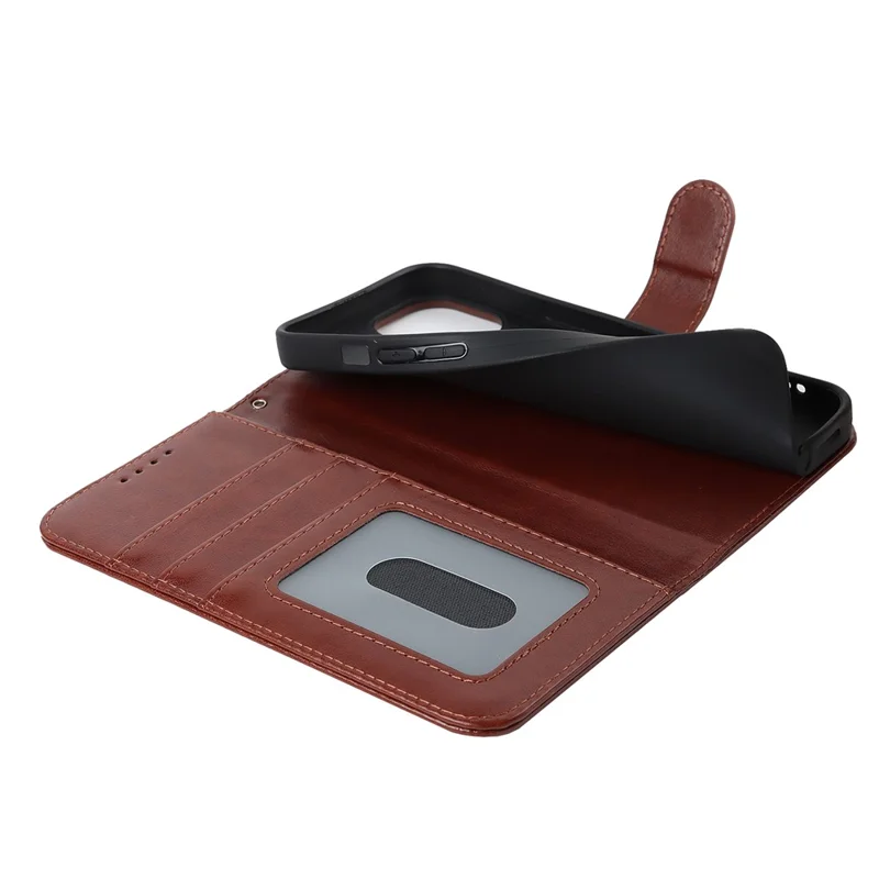 For iPhone 14 Pro Max Leather Phone Cover R61 Texture Felled Seam Phone Case with Wallet Stand - Brown