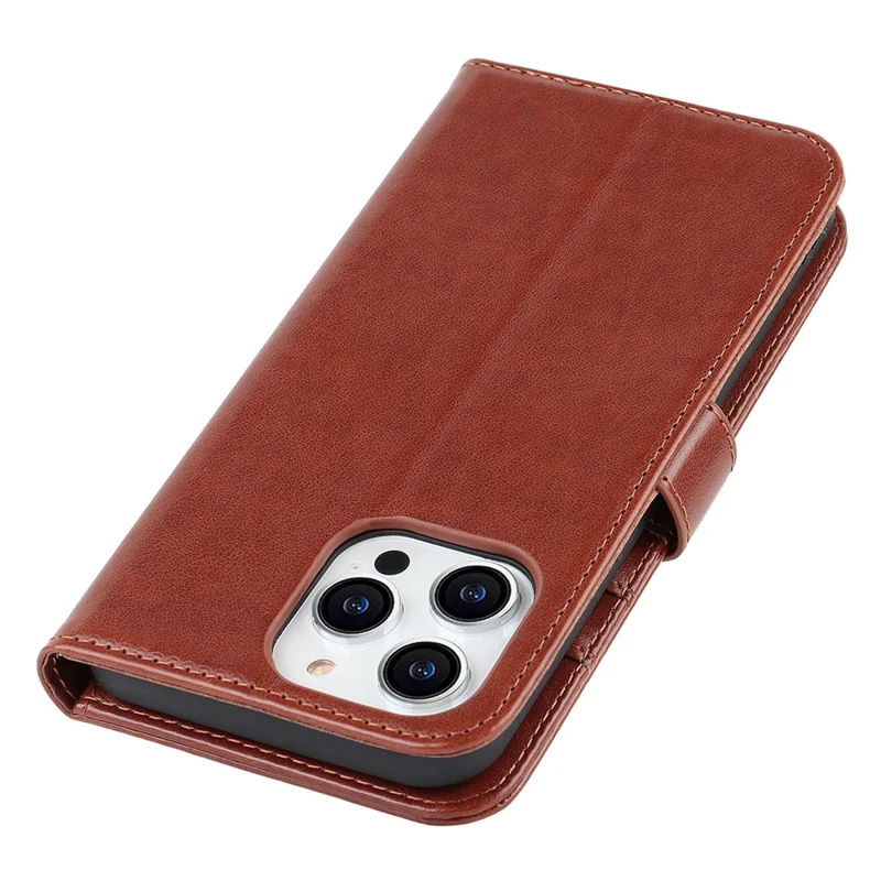For iPhone 14 Pro Max Leather Phone Cover R61 Texture Felled Seam Phone Case with Wallet Stand - Brown