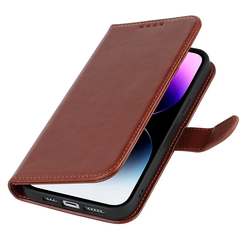 For iPhone 14 Pro Max Leather Phone Cover R61 Texture Felled Seam Phone Case with Wallet Stand - Brown