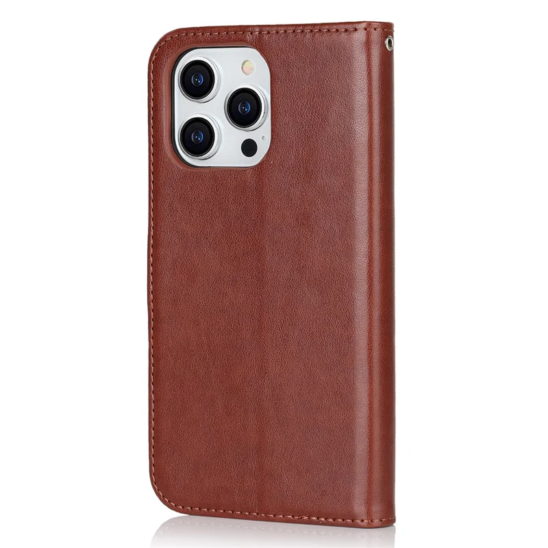 For iPhone 14 Pro Max Leather Phone Cover R61 Texture Felled Seam Phone Case with Wallet Stand - Brown