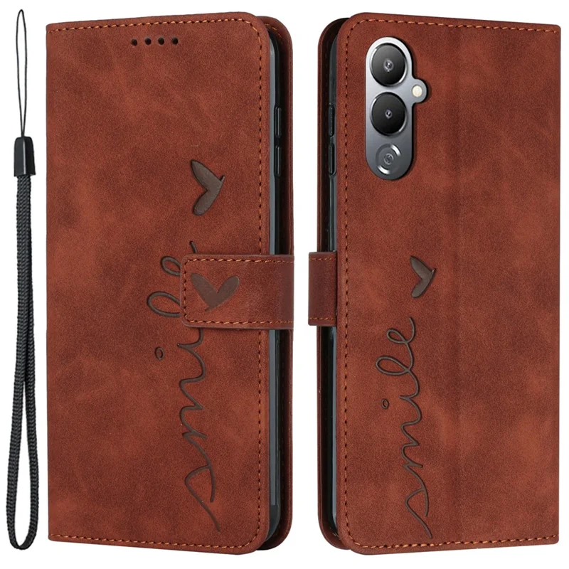 For TECNO Pova 4 Pro 4G Imprinted Heart Shape Leather Phone Cover Stand Wallet Phone Case with Strap - Brown