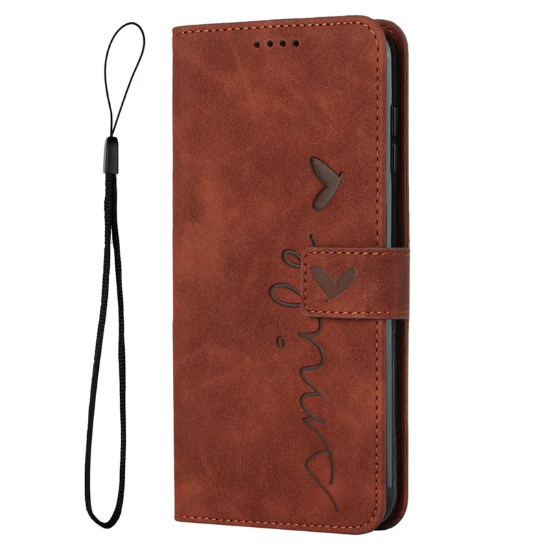 For TECNO Pova 4 Pro 4G Imprinted Heart Shape Leather Phone Cover Stand Wallet Phone Case with Strap - Brown