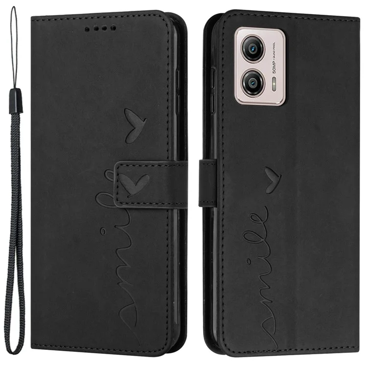 Para Motorola Moto G53 5G / G13 4G / G23 4G Funda de teléfono con soporte en forma de corazón impreso Cartera Funda de piel con correa - Negro