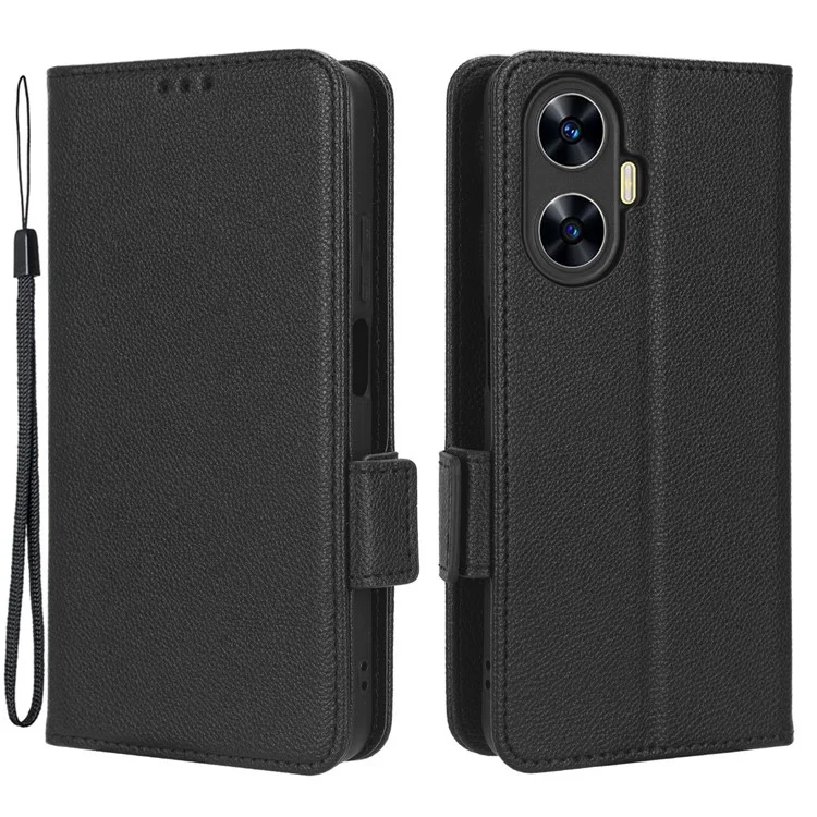 For Realme C55 / Narzo N55 4G Shockproof Leather Protective Case Litchi Texture Phone Stand Wallet Cover - Black