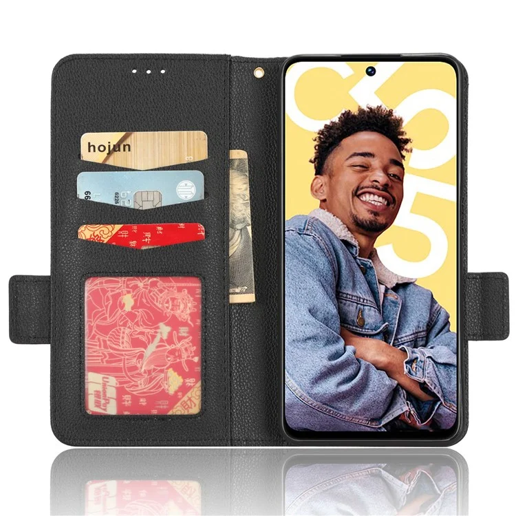 For Realme C55 / Narzo N55 4G Shockproof Leather Protective Case Litchi Texture Phone Stand Wallet Cover - Black