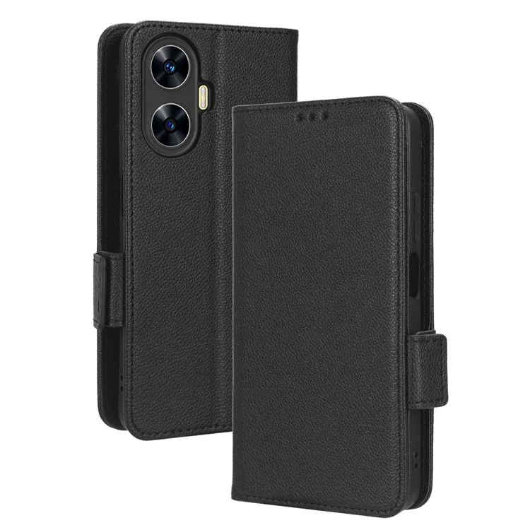 For Realme C55 / Narzo N55 4G Shockproof Leather Protective Case Litchi Texture Phone Stand Wallet Cover - Black
