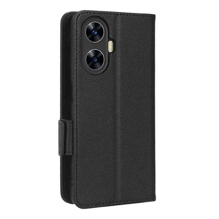 For Realme C55 / Narzo N55 4G Shockproof Leather Protective Case Litchi Texture Phone Stand Wallet Cover - Black