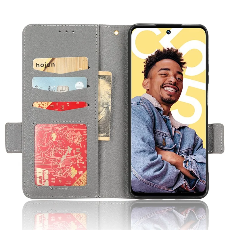 Funda protectora de cuero resistente a impactos para Realme C55 / Narzo N55 4G, con textura de litchi, soporte para teléfono, billetera - Gris