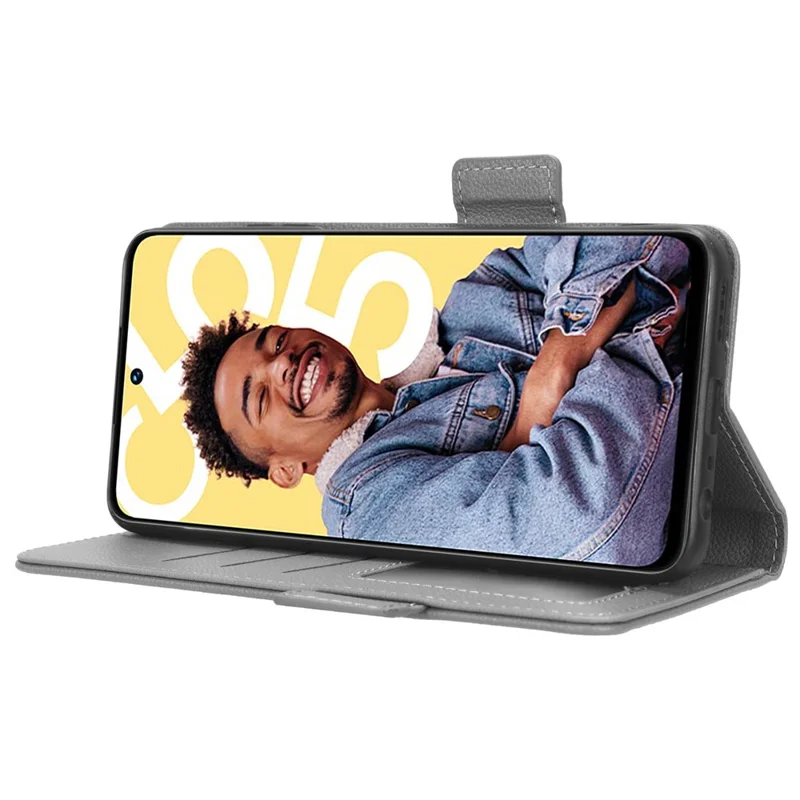 Funda protectora de cuero resistente a impactos para Realme C55 / Narzo N55 4G, con textura de litchi, soporte para teléfono, billetera - Gris