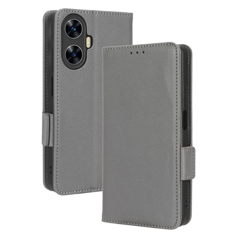 Funda protectora de cuero resistente a impactos para Realme C55 / Narzo N55 4G, con textura de litchi, soporte para teléfono, billetera - Gris