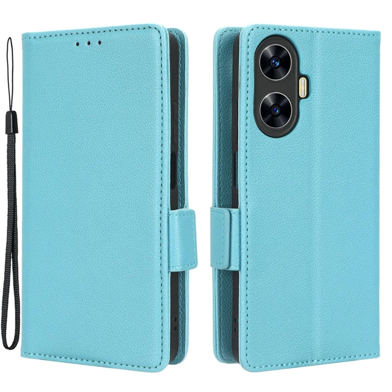 Étui de protection en cuir antichoc pour Realme C55 / Narzo N55 4G, texture de lychee, support intégré, portefeuille - Bleu bébé