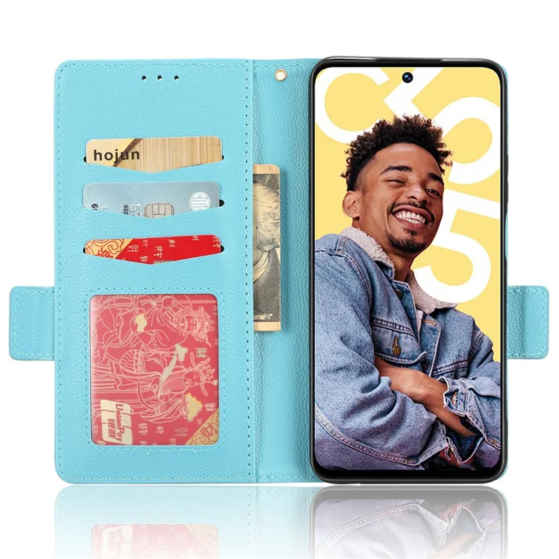 Étui de protection en cuir antichoc pour Realme C55 / Narzo N55 4G, texture de lychee, support intégré, portefeuille - Bleu bébé