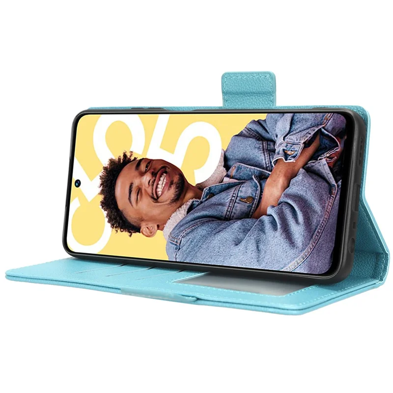 Étui de protection en cuir antichoc pour Realme C55 / Narzo N55 4G, texture de lychee, support intégré, portefeuille - Bleu bébé