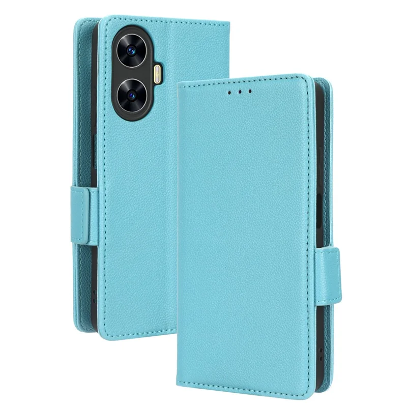 Étui de protection en cuir antichoc pour Realme C55 / Narzo N55 4G, texture de lychee, support intégré, portefeuille - Bleu bébé