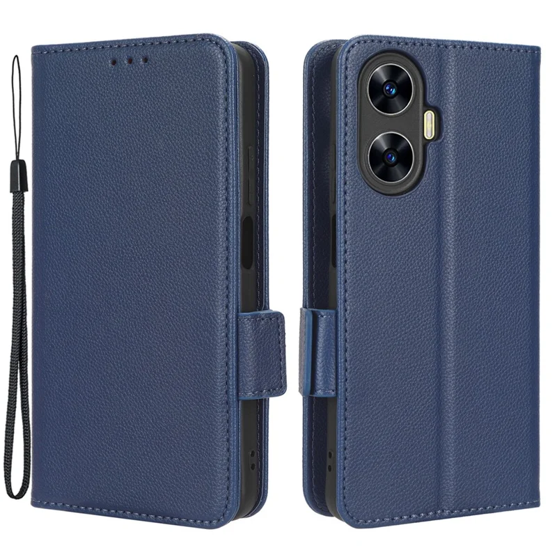 For Realme C55 / Narzo N55 4G Shockproof Leather Protective Case Litchi Texture Phone Stand Wallet Cover - Dark Blue