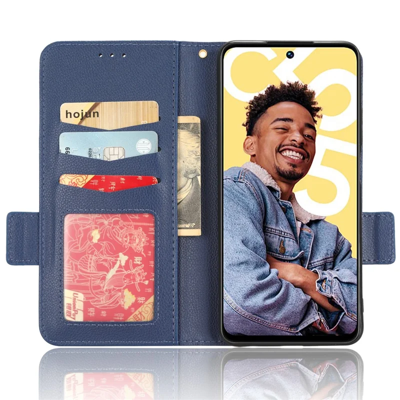 For Realme C55 / Narzo N55 4G Shockproof Leather Protective Case Litchi Texture Phone Stand Wallet Cover - Dark Blue