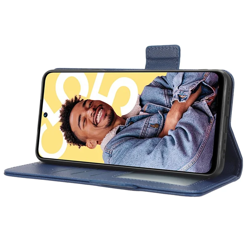 For Realme C55 / Narzo N55 4G Shockproof Leather Protective Case Litchi Texture Phone Stand Wallet Cover - Dark Blue