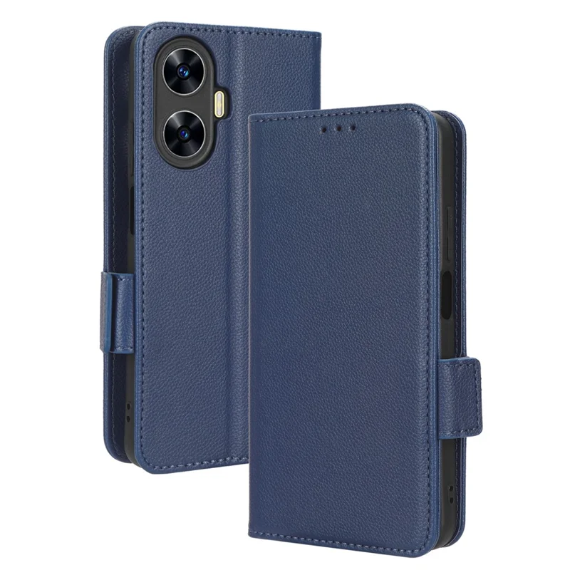For Realme C55 / Narzo N55 4G Shockproof Leather Protective Case Litchi Texture Phone Stand Wallet Cover - Dark Blue